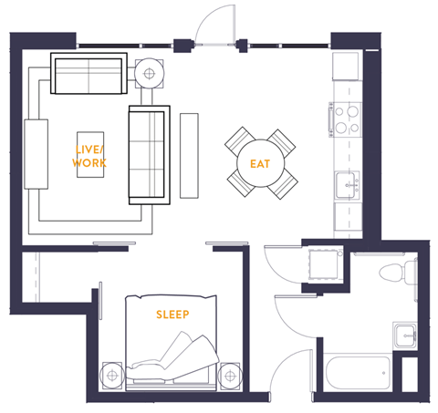 Floor plan for 1 bed, 1 bath, 652 sqft